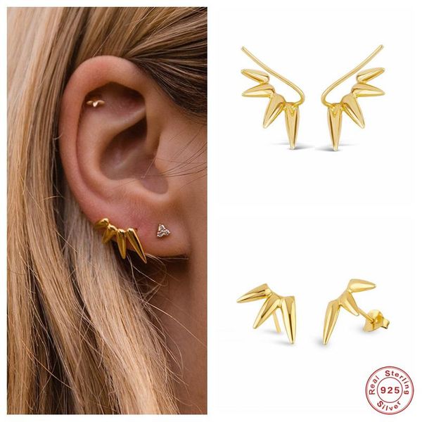 

stud aide 925 sterling silver spike rivets earrings for women rock punk piercing ear climber bijoux party fine jewelry gift, Golden;silver