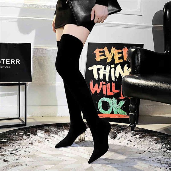 

boots women over the knee high 7cm heels pointed toe nightclub block crystal low winter prom flock shoes lfxc, Black