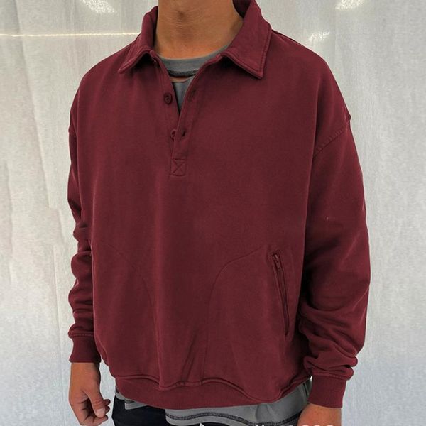 

men's hoodies & sweatshirts spring pure color men casual fashion mens button turn-down retro pullover 2021 autumn loose long sleeve, Black