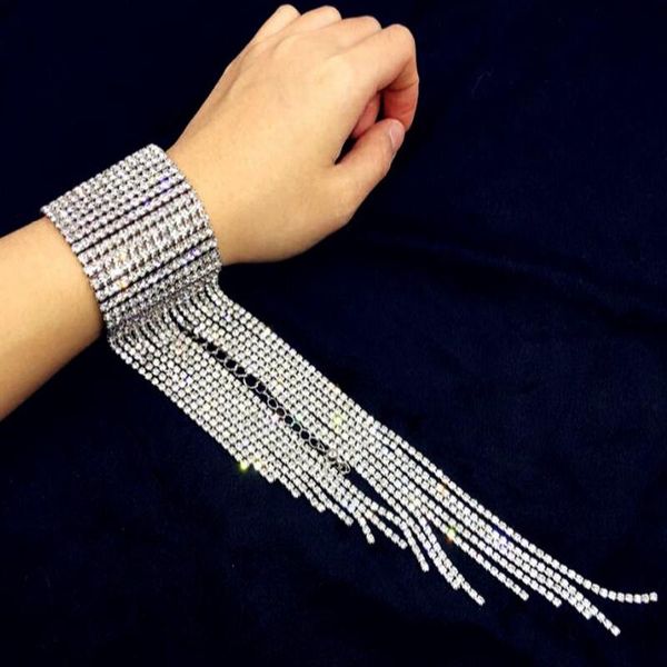 

link, chain fashion bling tassel rhinestone bracelet for women bride statement wedding wide bracelets charm woman luxury jewelry, Black
