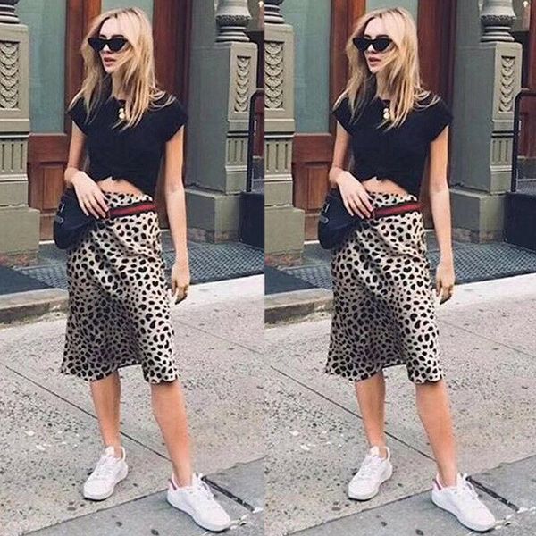 

skirts women long high waist skirt loose leopard plus size, Black