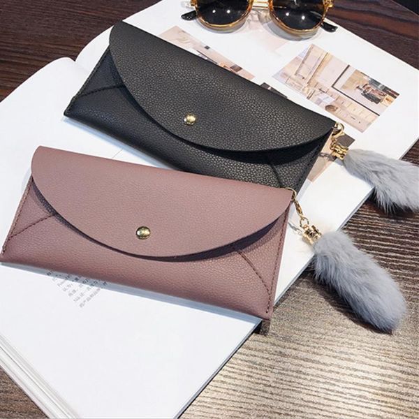 

wallets women female leather purse card holders tassel hairball decor coin phone pocket long bolsas, Red;black
