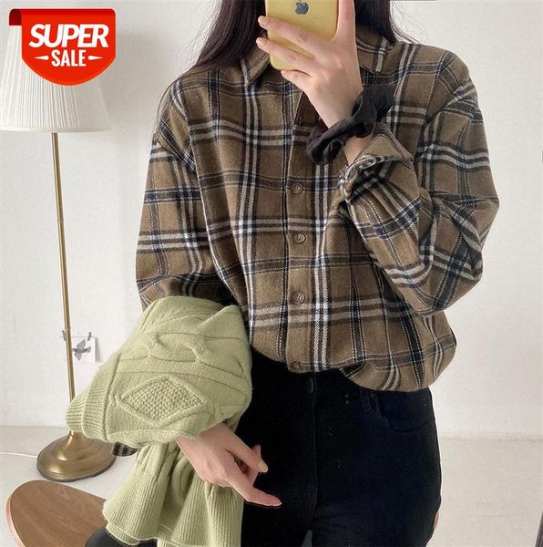 

women's plaid shirt women retro lapel loose woolen long-sleeved #u03f, Black;gray