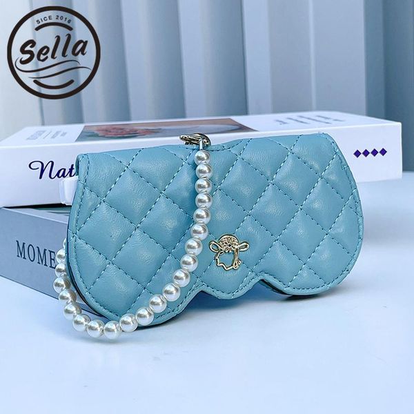 

sunglasses frames sella 2021 sheepskin leather glasses case ladies fashion storage bag pearl chain eyeglass cases contaner, Silver