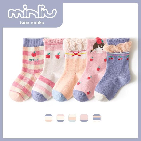 

socks 5 paris/lot children's for girls boys cotton fashion baby little strawberry cherry children clothes accessories, Pink;yellow