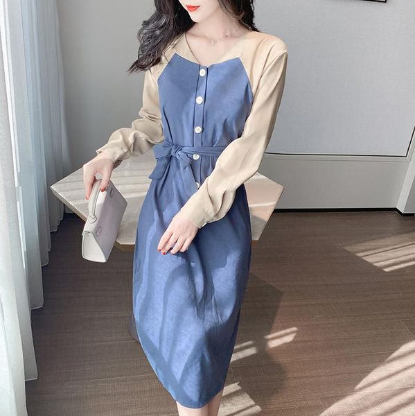 

casual dresses for women 2021 french autumn v neck single-breasted korean color matching dress long-sleeved with lacing slim long, Black;gray