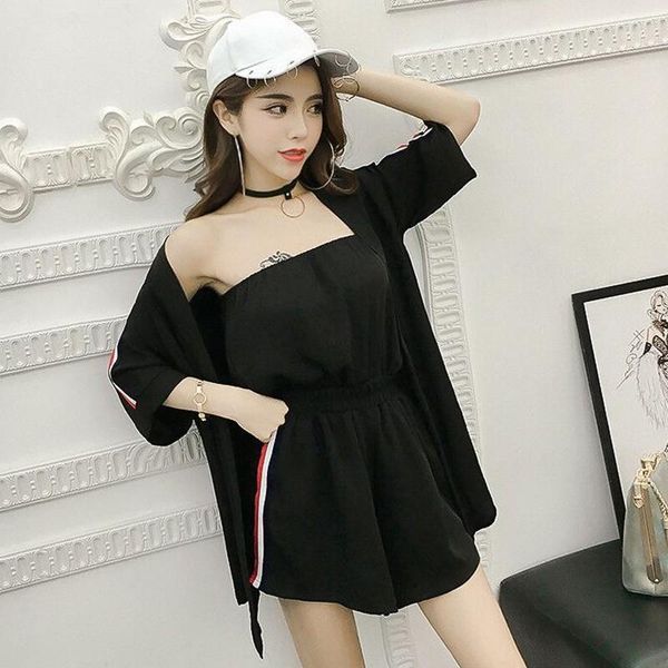

two piece dress striped summer fashion women short sleeve slash neck leisure pullover casual + sashes shorts female two-piece cy280 s, White