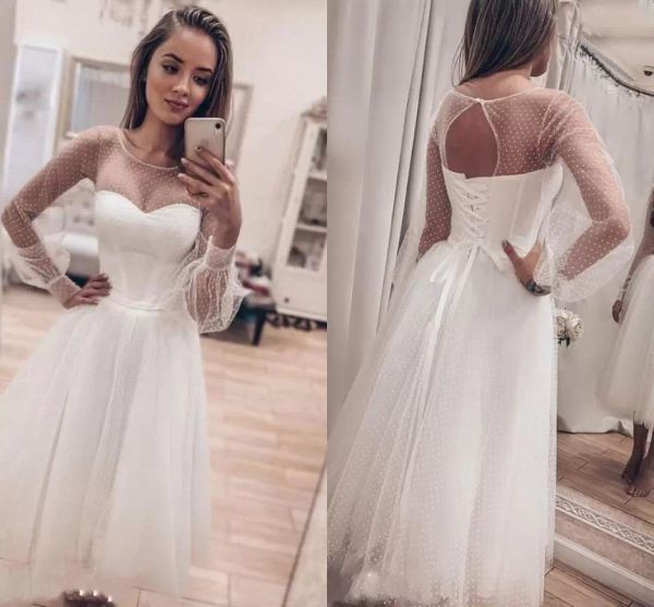 

2022 country wedding dresses bridal gown long poet sleeves scoop neck lace up back custom made plus size tulle a line vestido de novia tea l, White