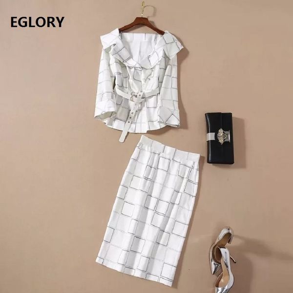 

skirt women's set spring business suit woman notched collar geometric print blazer coat+midi pencil skirt sets 2pc, White