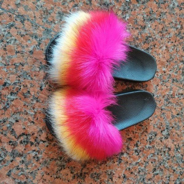 

party fur slippers women real slides furry flat sandals female cute fluffy shoes woman home flip flops luxury shoe, Black