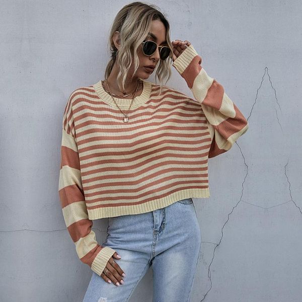 

women's sweaters women long sleeve knit striped sweater round neck casual loose jumper pullover, White;black
