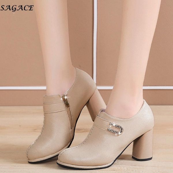 

boots sagace high heels leather women fashion solid short boot ladies round head thick bottom ankle waterproof shoes woman, Black