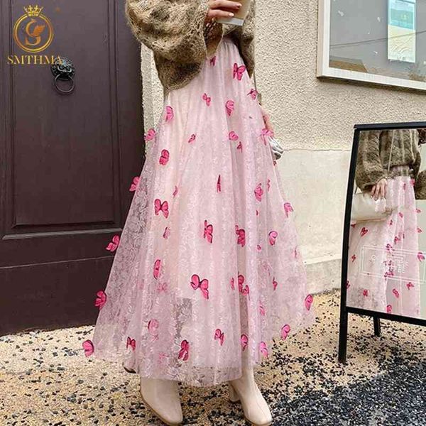 

skirts embroidery butterfly mesh pleated skirt women 2021 summer elegant elastic waist long sktc, Black