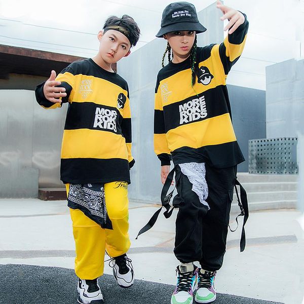 

boys hip hop modern dance costumes for kids yellow black long sleeve hiphop pants girls jazz street clothes dn6832 stage wear, Black;red