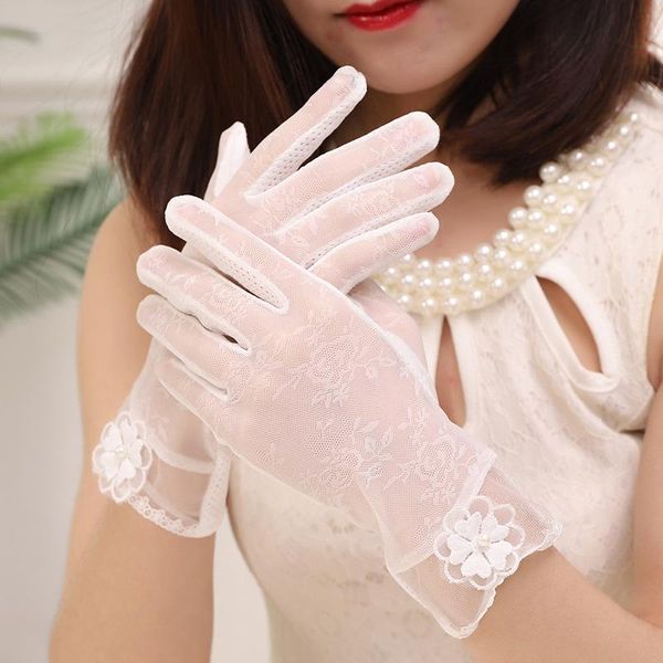 

five fingers gloves lace short breathable riding driving silk sunscreen female wedding bridal j51, Blue;gray