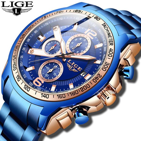 

wristwatches lige fashion mens watches military big dial clock male all steel waterproof quartz watch men sport chronograph, Slivery;brown