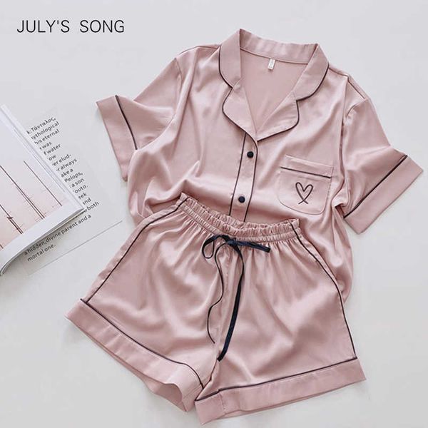 

july's song heart embroidery pajamas women solid pink summer pajamas sleepwear casual soft faux silk satin nightwear homewear 210713, Black;red