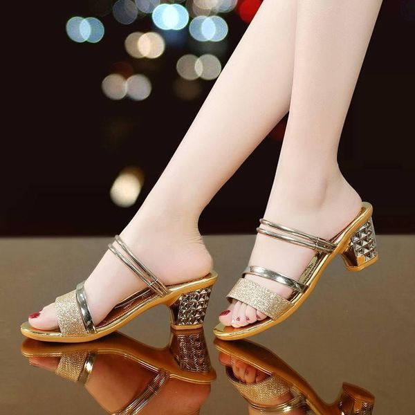 

dress shoes 2021 summer ladies sandals and slippers thick heeled middle-heeled fashion open-toed korean wild women, Black