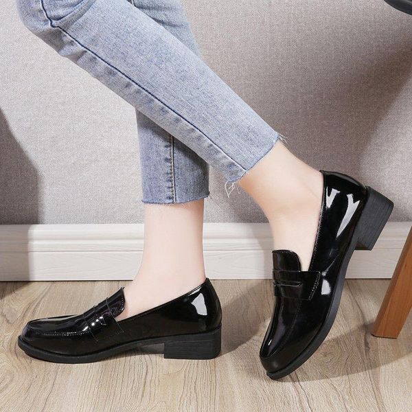 

dress shoes 2021 fashion women' round toe med heels oxfords female slip on patent leather casual woman plus size 43, Black