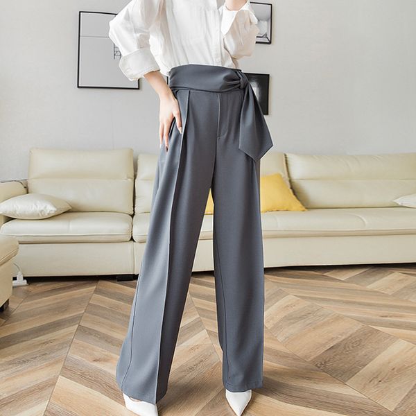 

women's pants & capris spring 2021 high waist straight woman wide leg tie loose casual solid color women trousers fashion elegant, Black;white