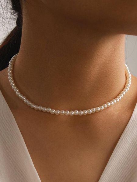 

chokers elegant white imitation pearl choker necklace big round wedding for women charm fashion jewelry initial, Golden;silver