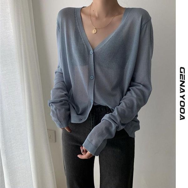 

women's knits & tees genayooa cardigan women korean long sleeve summer knitted v neck thin ice silk sweaters sunscreen shirt, White