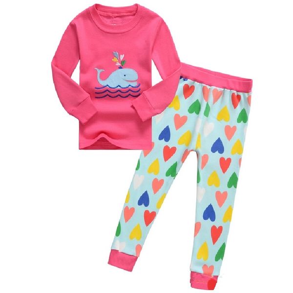 Pink Whale Girls Sleepwear Tute 100% cotone Abiti lunghi per bambini Set T-shirt per ragazza Pantaloni a cuore Set Pigiama per bambini rosa Pigiama 210413