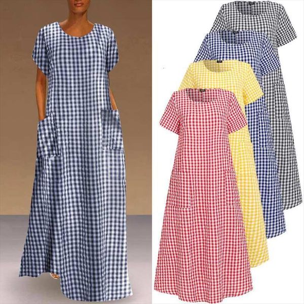 

vintage bohemian maxi long women dress summer short sleeve plaid loose sundress casual pockets plus size 5xl robe, Black;gray