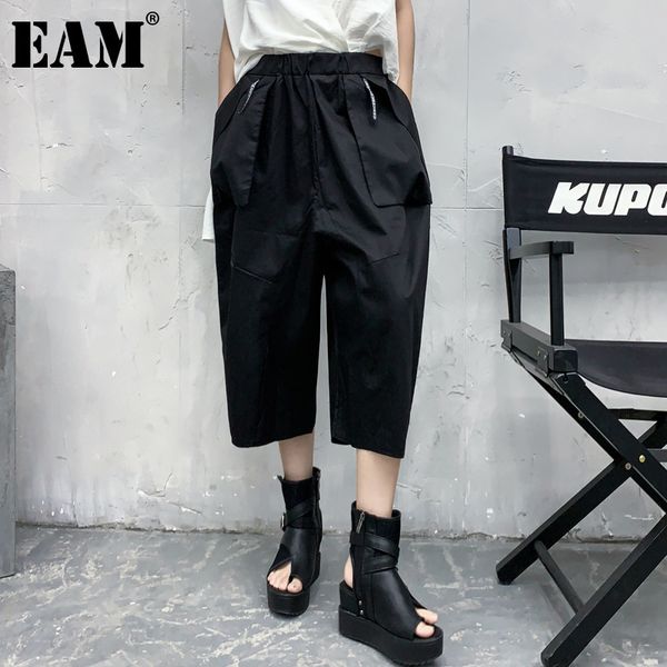 

[eam] high elastic waist black calf-length pocket trousers loose fit pants women fashion spring autumn 1dd7645 21512, Black;white