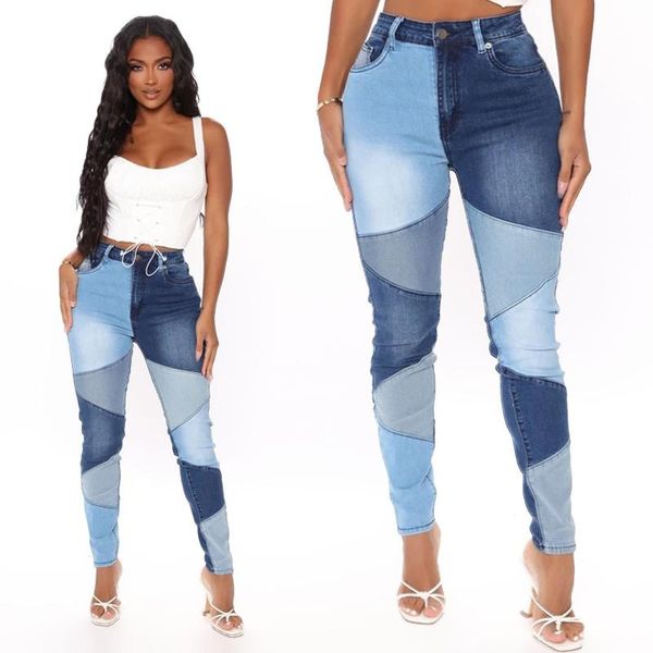 

women's jeans 2021 fashion woman stitching high waist stretch denim pencil pants street trendy trousers s-2xl drop, Blue