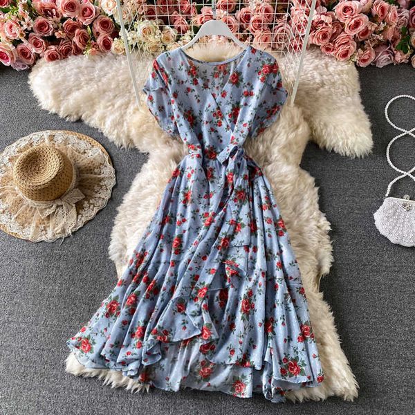 

summer women floral printed chiffon dress vintage short sleeve irregular ruffle casual vestidos female elegant fashion robe 2021 y0603, Black;gray