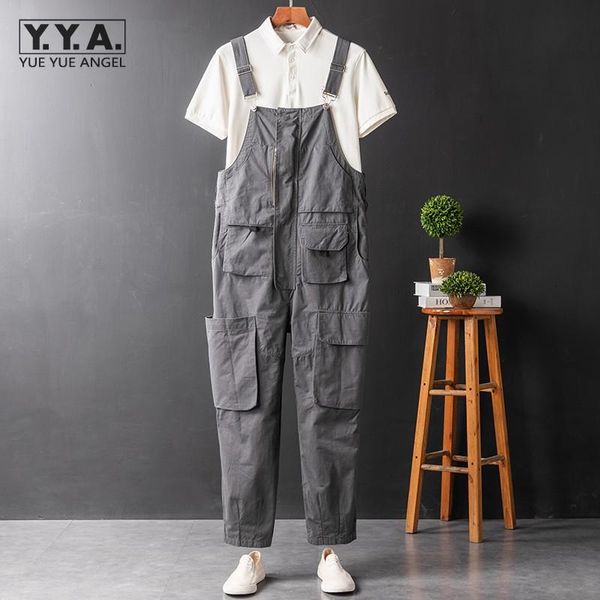 

men's pants vintage harajuku mens sleeveless cargo overalls safari style hip hop multi-pocket rompers jumpsuit fashion loose straps, Black