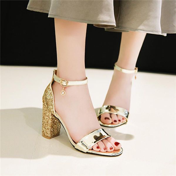

gold silver bling crystal sandals block high heels shoes fashion summer 2021 glitter ankle strap heel 43 42, Black