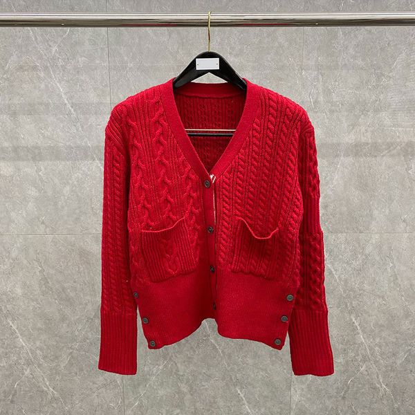 

autumn twist knitted cardigan bright red thickened slim fit sweater v-neck single breasted wool coat for women, White