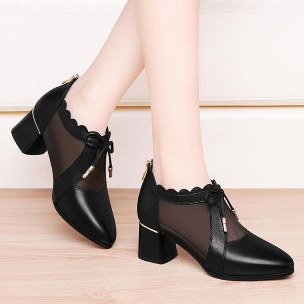 

hollow mesh soft leather shoes for women with thick heels and black breathable 2021 fashion medium pointed toes boots