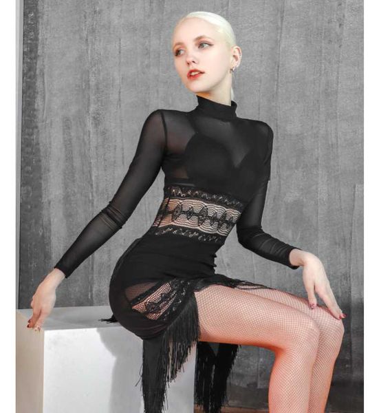 

casual dresses tassel dancing dress female high collar competition costumes lace stitching perspective dancewear long sleeve, Black;gray