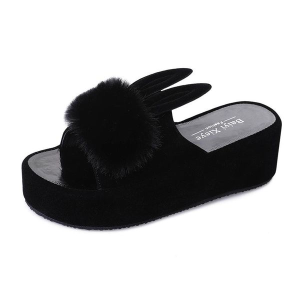 

slippers women's outside zapatos de mujer fashion solid color platform short plush decoration wedges shoes for women, Black