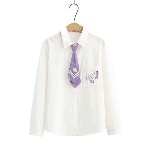 

women cartoon bear embroidery pocket shirts with tie summer sweet style long sleeve turndown collar ladeis basic cotton 210526, White