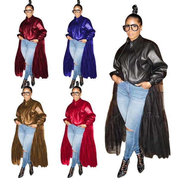

women's leather & faux zipper solid open color pu coat mesh splicing, Black