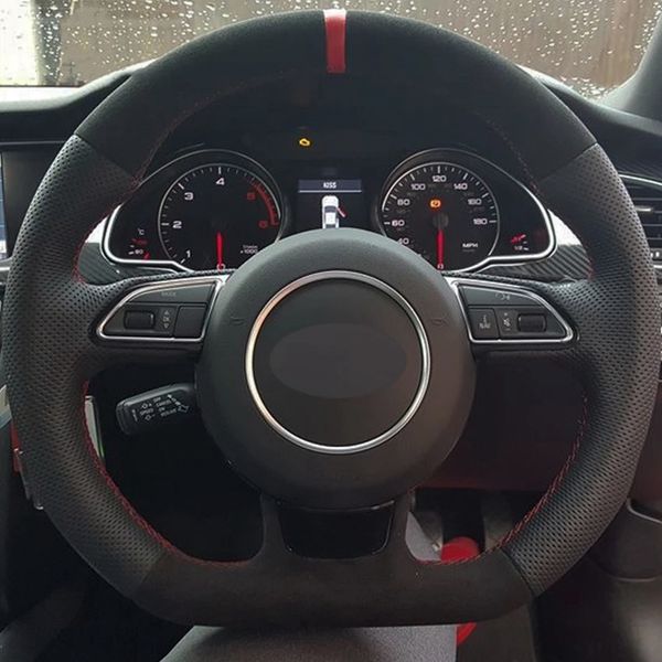 

car steering wheel cover diy hand-stitched black genuine leather suede for audi a5 a7 rs7 s7 sq5 s6 s5 rs5 s4 rs4 s3 2012-2018