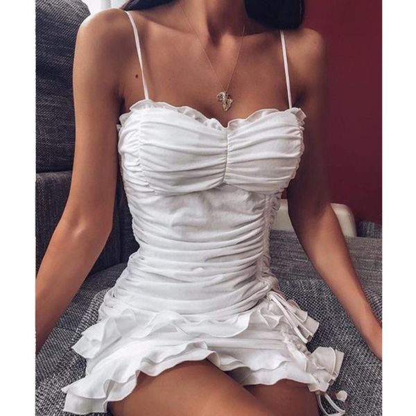 

casual dresses women's mini dress ladies pleated ruffled strap drawstring vestido 2021 fashion elegant sweet club wear party, Black;gray