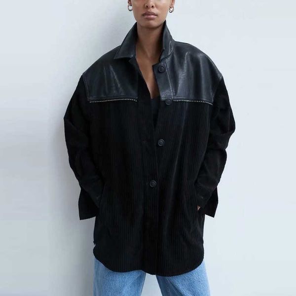 

za women's corduroy jacket patchwork long sleeve overshirt woman autumn winter plus size black jackets coat long 210602, Black;brown