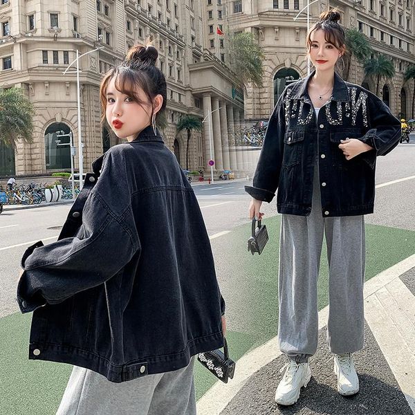 

women's jackets 2021 spring autumn denim jacket female long sleeve loose black harajuku streetwear vintage jeans coat heavey outerwear, Black;brown