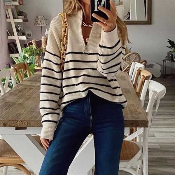 

autumn winter women casual long sleeve striped patchwork jumpers ladies loose knitted sweaters fashion zip v-neck pullover 211215, White;black
