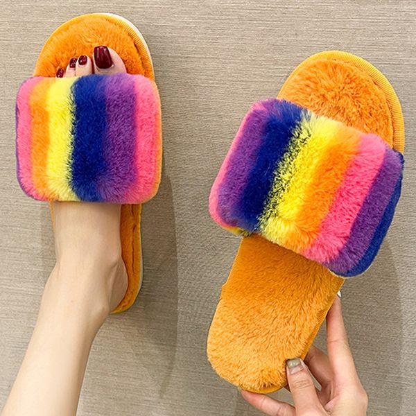 

camouflage indoor home slippers cozy furry rainbow outdoor women shoes light weight antiskid house slippers for winter fall 2022, Black