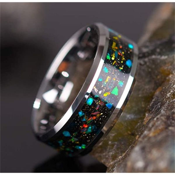 

men's and women's silver titanium steel 8mm series opal inlaid wedding ring