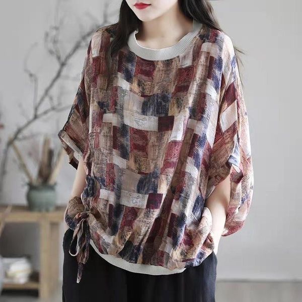 

arrival summer arts style women casual loose half sleeve plaid print t shirt all-matched o-neck patchwork t-shirt b389 women's, White