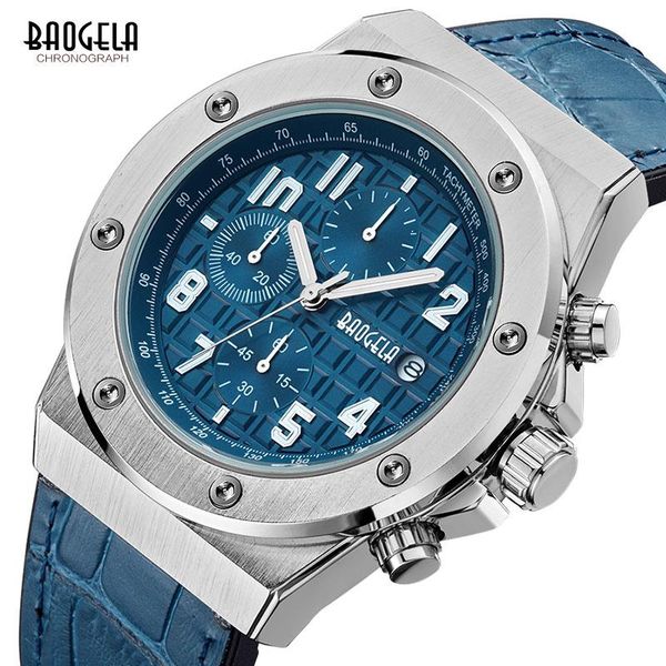

wristwatches baogela 2021 fashion mens watches leather strap sports chronograph quartz watch men wristwatch blue 1805, Slivery;brown
