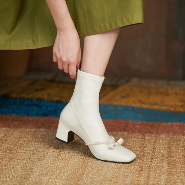 

boots 2021 autumn and winter square head bow thick heel versatile pearl middle women's 43 size 31, Black