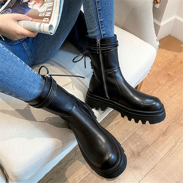 

boots genuine leather laides platform mid calf chunk stylish brand boots women zipper cool fashion shoes woman, Black